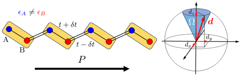 Left: Schematic of a one-dimensional chain known as the Su-Schrieffer-Heeger (SSH) chain. The model for such a chain can be described by a vector d. The study by QMI theorists reveals that the quantum-geometric property of stacking ferroelectrics mimics that of the SSH chain. Right: Vector d travels along some trajectory over the sphere, which provides useful information on the robustness of electric polarization. @ University of British Columbia
