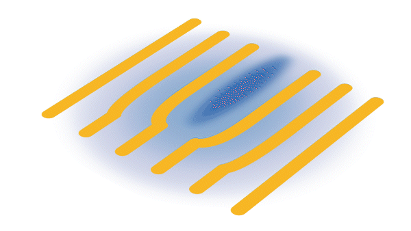 Blue areas are superconducting regions, and yellow areas represent charge density waves. After a laser pulse (red), the superconducting regions are rapidly turned off and the charge density waves react by rearranging their pattern, becoming more orderly and coherent. @ Greg Stewart/SLAC National Accelerator Laboratory