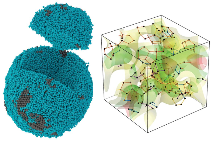 Experimental 3D atomic image of a tiny, noncrystalline palladium particle (left), in which the 10-sided pentagonal bipyramid (right) is the most prevalent motif for how atoms pack together; the orange lines represent the pentagonal bipyramid shape. @ Yakun Yuan and John Miao/UCLA