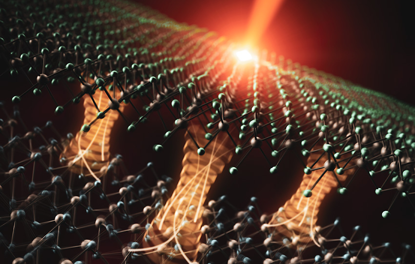 Artistic depiction of electron transfer driven by an ultrashort laser pulse, across an interface between two atomically-thin materials. This transfer is facilitated by an interlayer 'bridge' state that electrons are able to access due to lattice vibrations in both materials. @ Gregory M. Stewart/SLAC