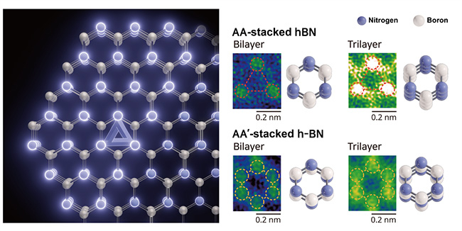 Scanning transmission electron microscopy (STEM) images and schematic illustrations of conventionally studied AA'-stacked hBN and AA-stacked hBN synthesized in this study. @ POSTECH