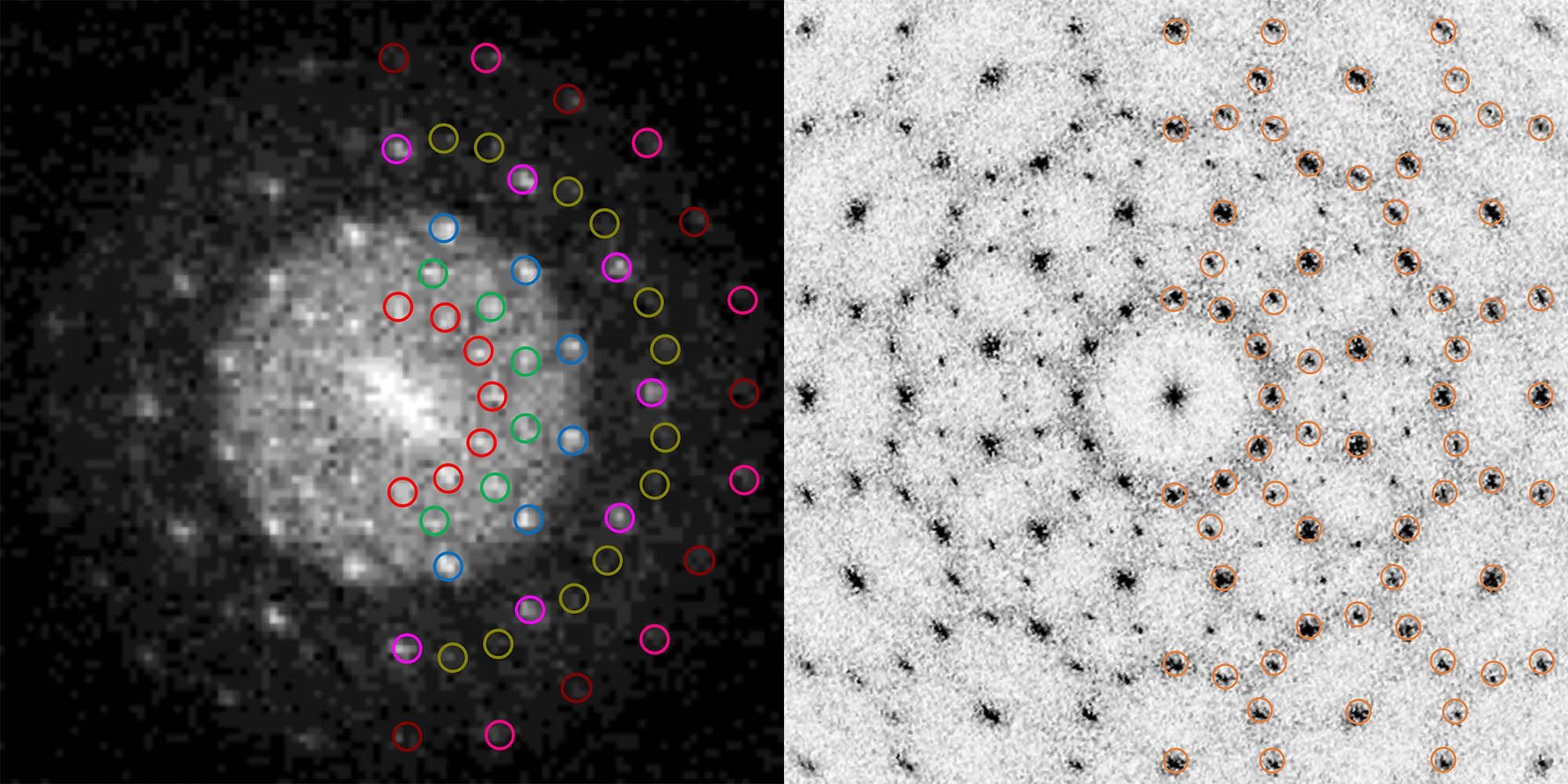A mathematical tool called a fast Fourier transform maps the structure in a way that reveals the 12-fold symmetry of the quasicrystal. The fast Fourier transform of the electron microscope image of the quasicrystal is shown on the left, while the transform of the simulated crystal is shown on the right. @ Mirkin Research Group, Northwestern University, and Glotzer Group, University of Michigan.