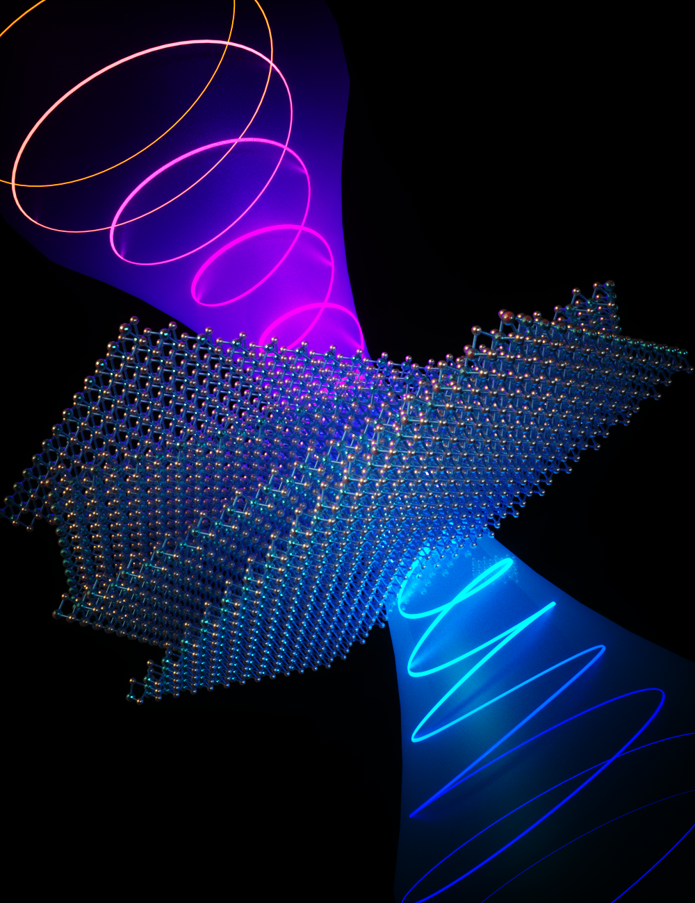 An artist’s impression of light traveling through twisted tungsten disulfide. It leads to a change in both color and orientation of the light field (helical light field), revealing novel properties not observed in natural tungsten disulfide. @ Ella Maru