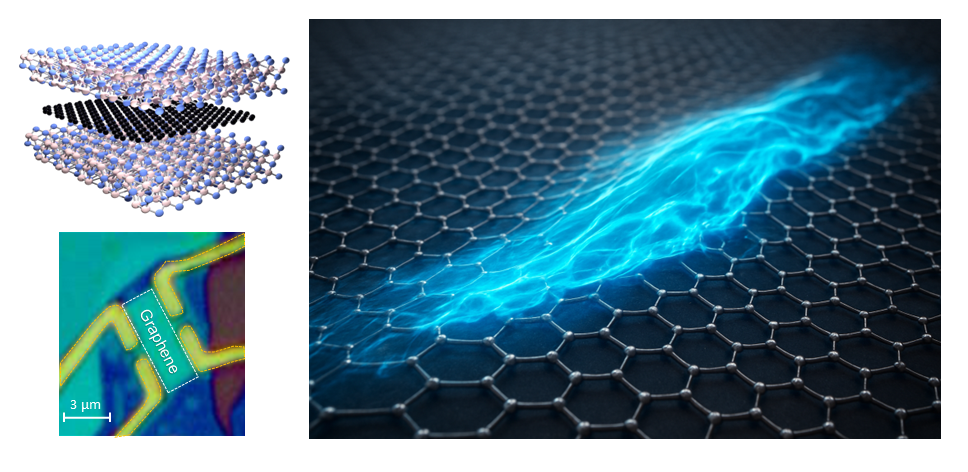 Top Left: 3D atomistic model of the graphene device. Bottom Left: Top view of the actual device, as seen under an optical microscope. Right: Artistic Illustration of electrons moving like a fluid inside graphene. @ Aniket Majumdar