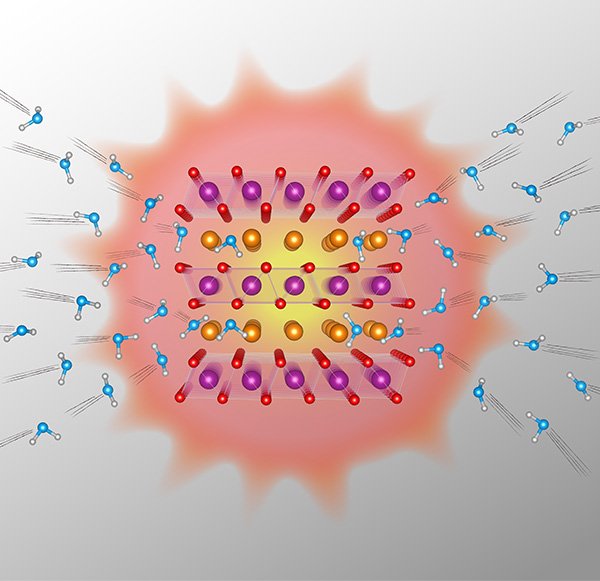 Heat is released from the manganese oxide material when water molecules enter into its layered structure. @ Norihiko L. Okamoto