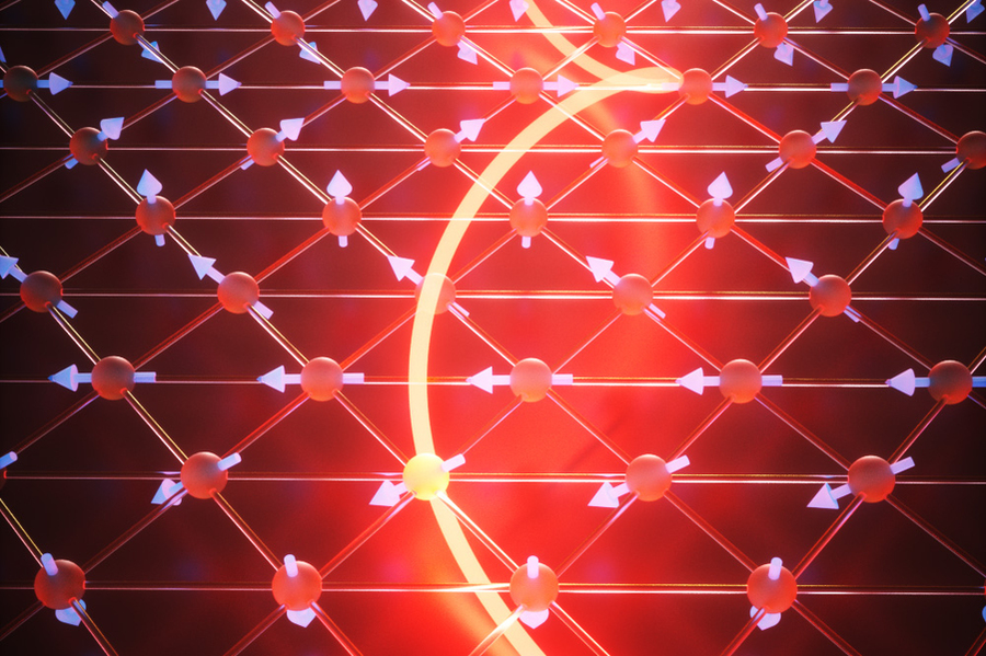 This artistic rendering shows the nanoscale spin spirals that enable the emergence of a multiferroic state in 2D material NiI2. @ Ella Maru Studio