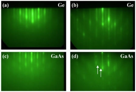 Above are reflection high-energy electron diffraction (RHEED) images. The top two images show the germanium layer, while the bottom images show the gallium arsenide surface. @ University at Buffalo