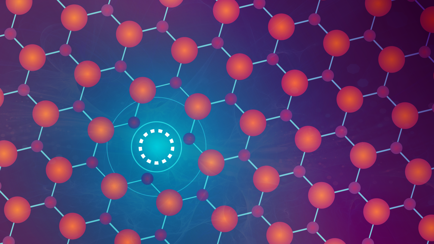 An artist’s depiction of a missing chalcogen atom in the middle layer of a bulk transition-metal dichalcogenide. @ Kyle Palmer / PPPL Communications Department
