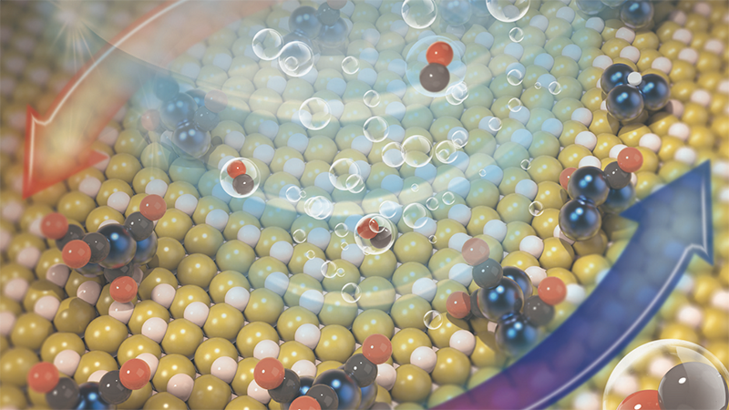 An illustration of the transformation of the rhodium catalyst in reaction conditions. @ Sautet Group/UCLA