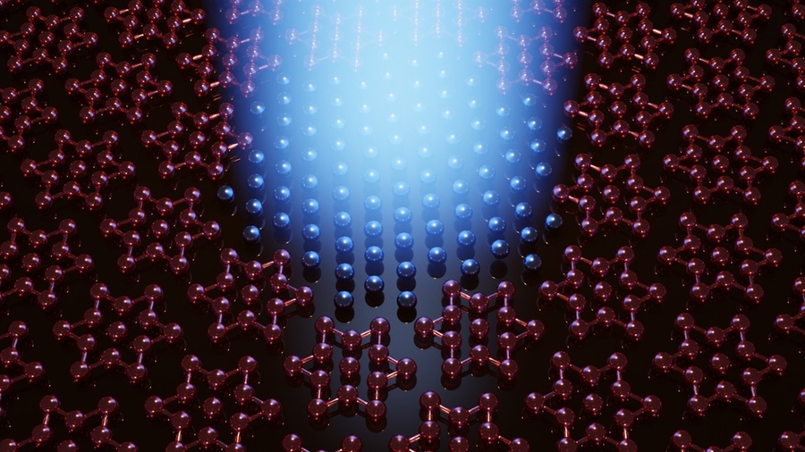 This illustration represents the light-induced collapse of the nanoscale charge order in a 2D crystal of tantalum disulfide (star-shapes) and the generation of a hidden metastable metallic state (spheres). @ Frank Yi Gao