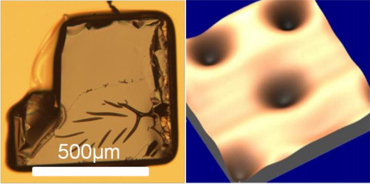 On the left: a crystal coated in gold -- the gold coating allows the magnetic imaging tool to get within nanometers of the material's surface. On the right: a magnetic picture of a segment of the crystal showing the vortices (dark holes) that were studied. @ University of Bath