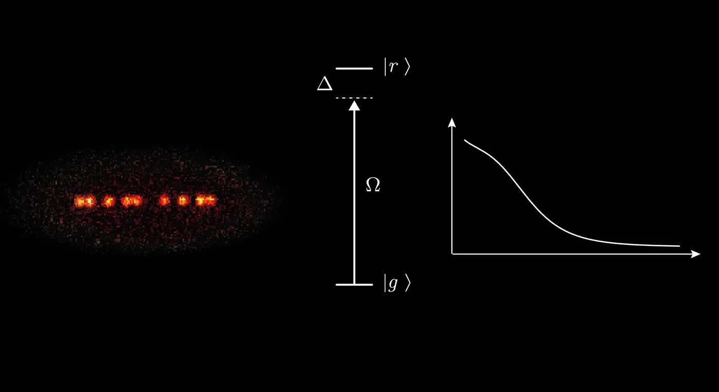 Inducing long-range interactions in one-dimensional quantum systems: Coupling ground‑state atoms (shown as red‑fluorescing dots) to highly excited Rydberg states with laser light creates controllable, switchable long‑range interactions, as illustrated on the right. Researchers at the Max Planck Institute of Quantum Optics have further refined this technique, achieving system lifetimes that are more than a hundred times longer than in earlier experiments. These advances open the door to studying exotic binding mechanisms and to building a new class of quantum simulators. @ Max Planck Institute of Quantum Optics