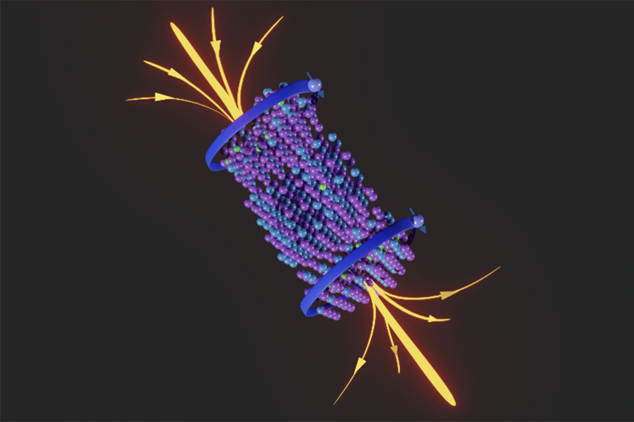 PME scientists showed how MnBi6Te10, shown here in purple (tellurium), blue (bismuth) and green (manganese), can act as a magnetic topological insulator, conducting electrical current (blue) along a “quantum highway” without losing energy. The study revealed that a concerted action of different material defects is key to the quantum electronic properties. @ Yang Lab
