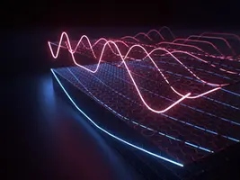 Standing waves of terahertz light are confined in conductive layers of a van der Waals heterostructure. Self-cavity modes in graphene (red) and a graphite gate (blue) hybridize in the ultrastrong coupling regime. 