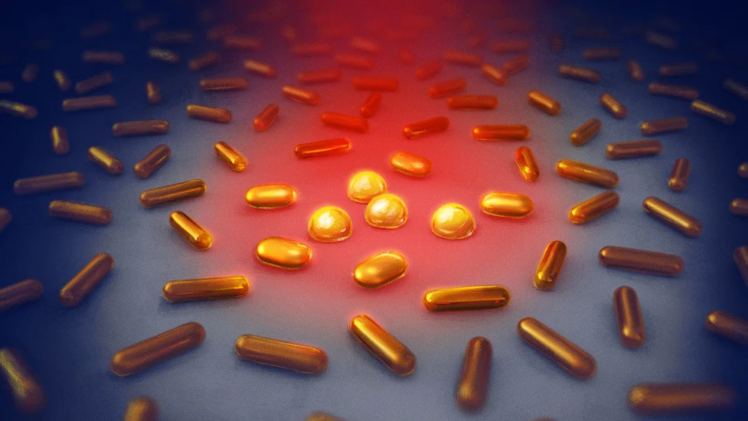 The illustration shows how the gold nanorods heat up when illuminated with NIR light. At temperatures above 120 degrees Celsius, the gold rods begin to change shape, and their optical properties change. @ Chalmers University of Technology