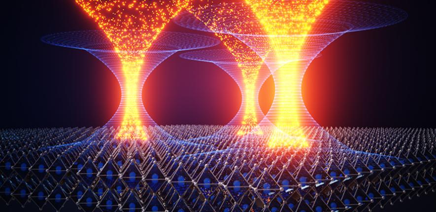 Artistic representation of electrons funneling into high quality areas of perovskite material @ Alex T. at Ella Maru Studios