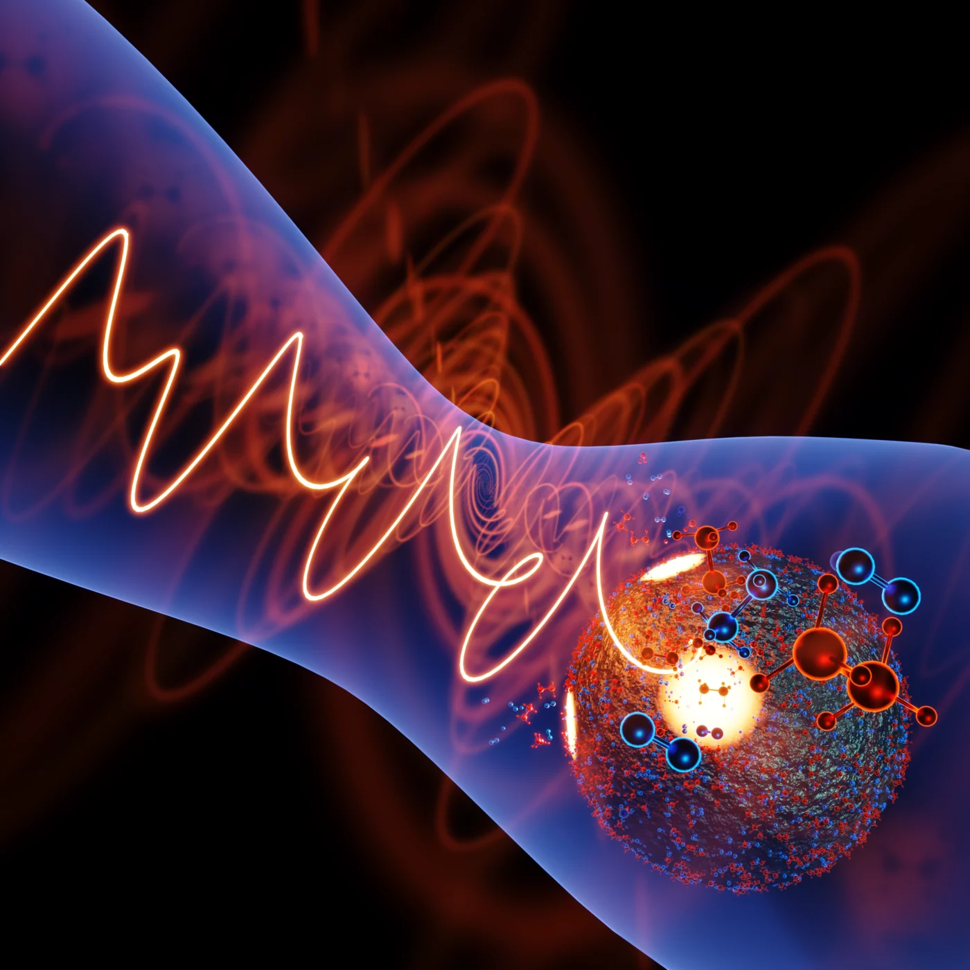 A nanoparticle in the field of a femtosecond laser pulse with tailored waveform and polarization. The controlled enhancement of the field in specific nanoscopic regions of the nanoparticle (yellow spots) induces site-selective photochemical reactions of the molecules adsorbed on the surface. Imaging of the molecular fragments emitted from these regions enables all-optical control of the reaction sites with nanometer resolution. @ RMT.Bergues.