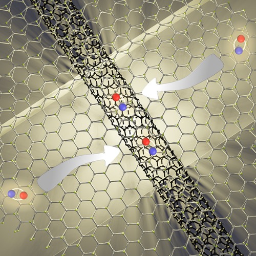 An atomically thin flake of tungsten diselenide acts as a reservoir for excitons, which are made up of electrons (red) and holes (blue). These excitons quickly pass into a narrow carbon nanotube suspended over a trench. @ RIKEN Nanoscale Quantum Photonics Laboratory