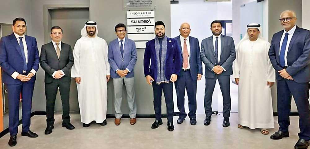 From left: Apex Asia Holdings Chairman and Inovartic Investment Lanka Co-Founder/Partner Shawn Gajasinghe, Abu Dhabi University Associate Provost Professor Montasir Qasymeh, Inovartic Investment Lanka Chairman Saif Aldarmaki, SLINTEC Chairman Thilan Wijesinghe, Inovartic Investment Lanka Co-Founder/Partner Daham Arangalla, Sri Lankan Business Council in Dubai and Northern Emirates Chairman Suren Swaminathan, SIRAJ Finance CEO Mohamed Fyroze, ADDED Industrial Regulatory Director Ali Mubarak A. Al Hammami and Inovartic Investment LLC Managing Partner Anwar Hussein