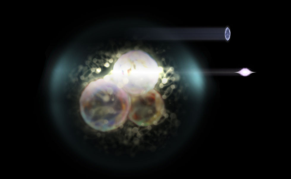 During a deeply inelastic collision with a proton, a relativistic electron (highlighted in blue) can emit a high-energy photon (purple here) that penetrates interior of the proton, where it ‘sees’ only a fraction of the entangled quarks, gluons, and virtual particles. The excited proton later decays in cascades of secondary particles.