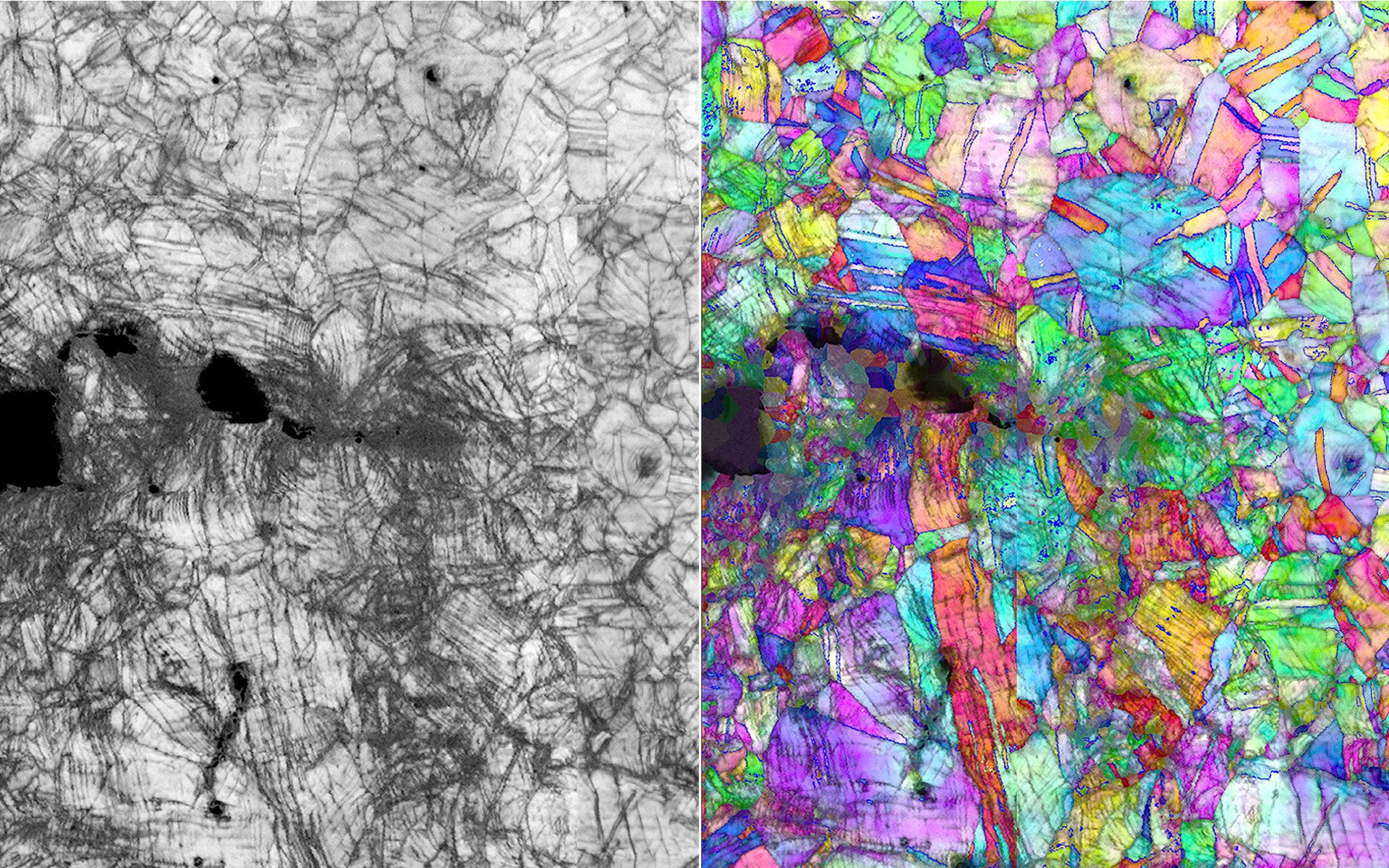 Microscopy-generated images showing the path of a fracture and accompanying crystal structure deformation in the CrCoNi alloy at nanometer scale during stress testing at 20 kelvin (-424 F). The fracture is propagating from left to right. @ Robert Ritchie/Berkeley Lab