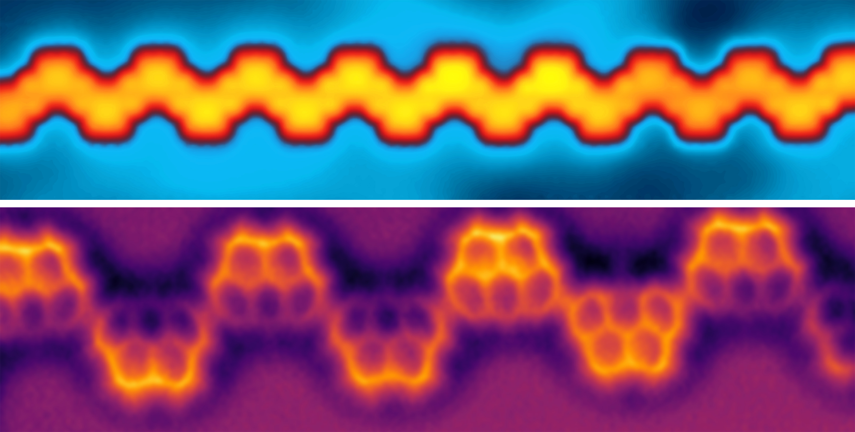 Atomic precision: Microscopy images of the homogeneous Heisenberg chain made of Olympicene; top: atomic force microscopy, bottom: scanning tunneling microscopy. @ Empa
