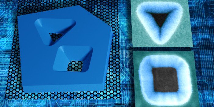 Crystals of the material hexagonal boron nitride can be etched so that the pattern you draw at the top transforms into a smaller and razor-sharp version at the bottom. These perforations can be used as a shadow mask to draw components and circuits in graphene. This process enables a precision that is impossible with even the best lithographic techniques today. To the right are images of triangular and square holes taken with an electron microscope. @ Peter Bøggild, Lene Gammelgaard, Dorte Danielsen