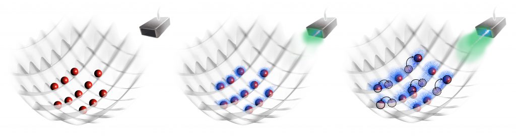 An artistic rendering of the research findings in the polariton study shows the atoms in an optical lattice forming an insulating phase (left); atoms turning into matter-wave polaritons via vacuum coupling mediated by microwave radiation represented by the green color (center); polaritons becoming mobile and forming a superfluid phase for strong vacuum coupling (right). @ Alfonso Lanuza/Schneble Lab/Stony Brook University