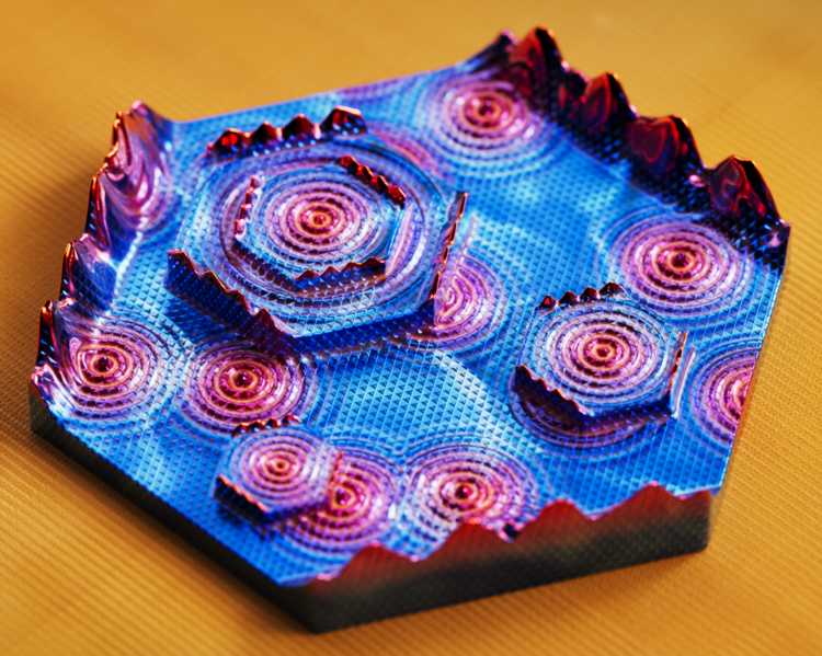 A representation of data visualization of quantum states of electrons on the surface and edge of grey arsenic crystal obtained using a scanning tunneling microscope at Princeton’s physics department. @ Shafayat Hossain/Zahid Hasan group at the Laboratory for Topological Quantum Matter at Princeton University