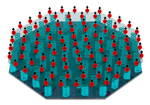Illustration of NIST quantum sensor made of trapped beryllium ions (red dots) self-arranged into a 2D crystal. @ S. Burrows/JILA