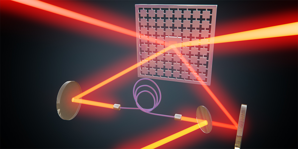 In the Basel experiment, a laser beam is directed onto a membrane (square in the middle). Using the reflected laser light, delayed by a fibre optic cable (violet), the membrane is then cooled down to less than a thousandth of a degree above absolute zero. @ University of Basel, Department of Physics