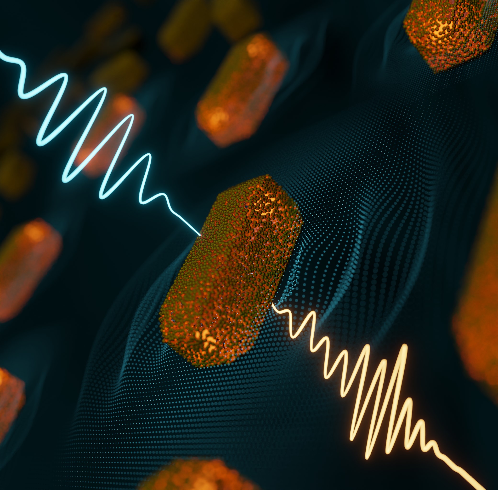 An ultra-short laser pulse (blue) excites plasmonic gold nanorods, which leads to characteristic changes in the transmitted electric field (yellow). Sampling this field permits to infer the plasmonic field of the nanoparticles. @ RMT.Bergues.
