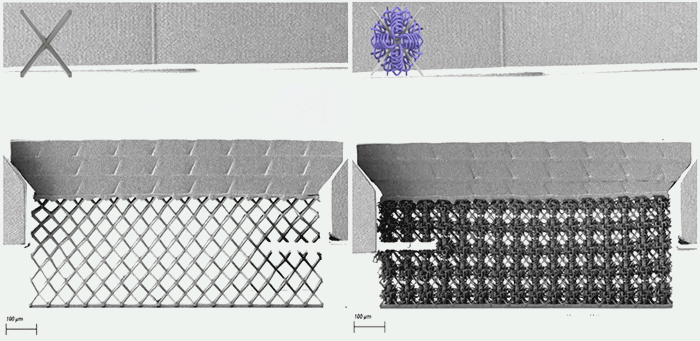MIT engineers have found a way to fabricate a metamaterial (right) that is both strong and stretchy. The base material (left) is typically rigid and brittle, but when printed in precise intricate patterns it forms a material with exceptional properties. @ MIT