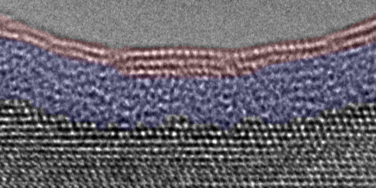 A transmission electron microscopy image of the oxidized aluminum surface shows that the passivating oxide film formed in water vapor consists of an inner amorphous aluminum oxide layer and an outer crystalline aluminum hydroxide layer. @ Provided