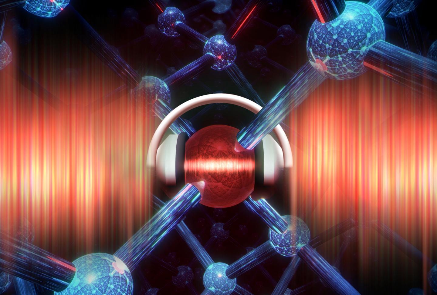 Artists impression of an atom qubit in silicon being protected from charge noise caused by imperfections in the material environment. @ Tony Melov