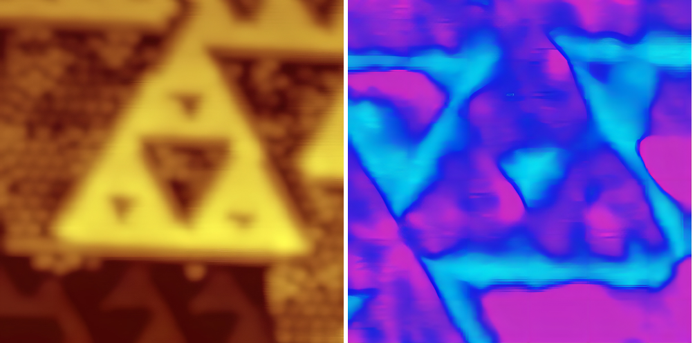 These photos were taken with a scanning tunneling microscope. Left: bismuth fractal (yellow) formed on top of indium antimonide (brown). The individual atoms are visible here. Right: the local density of electrons in a fractal. @ Utrecht University