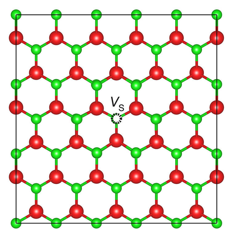 This model shows the spot where the missing chalcogen atoms should be, as represented by the black circle in the center of an otherwise undisturbed pattern of atoms. This view looks down on the middle layer of the TMD. @ Shoaib Khalid, Bharat Medasani and Anderson Janotti / PPPL and the University of Delaware