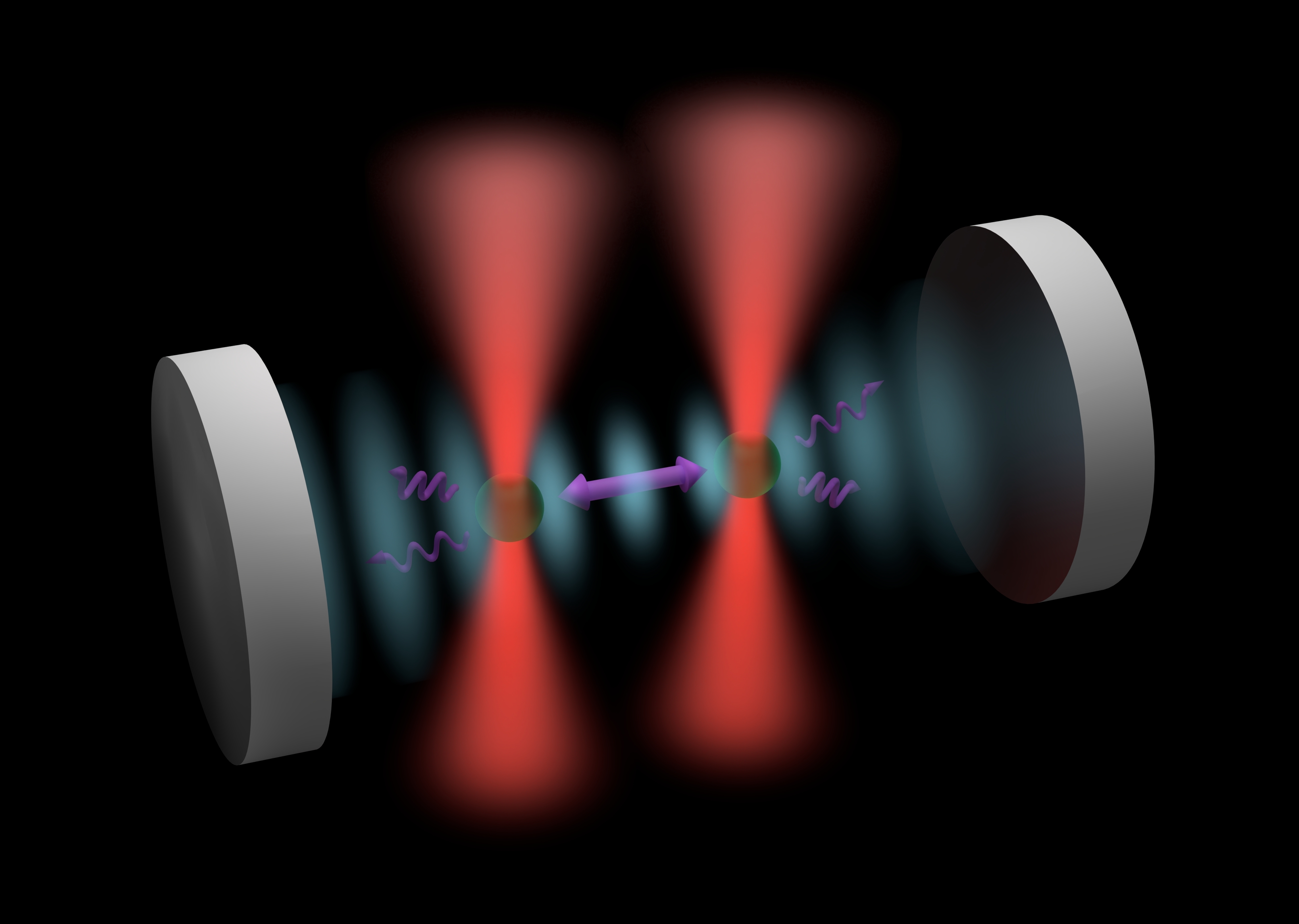 The image shows two nanoparticles (green) trapped by optical tweezers / laser beams (red) and placed in between two mirrors (white) which forms an optical cavity (periodic blue blobs). The photons scattered by the nanoparticles (squiggly purple arrows) are trapped in the cavity, resulting in an interaction between the two nanoparticles (straight purple line). @ University of Manchester