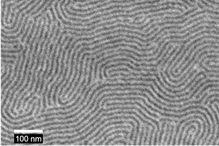 PME researchers developed a high-throughput research platform to screen different combinations of self-assembling block polymers, which spontaneously come together to form nanoscale patterns like the one shown here in a scanning electron microscopy image. @ University of Chicago
