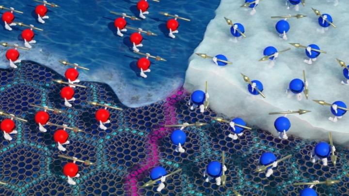 Pomeranchuk effect in magic angle graphene, revealing an exotic transition between two phases: A (Fermi) liquid phase, where the spatial positions of electrons are disordered but their magnetic moments (arrows) are perfectly aligned, and a solid-like phase where the electrons are ordered in space but their magnetic moments are fluctuating freely. Counterintuitively, the liquid phase transforms to the solid-like phase upon heating. @ Weizmann Institute of Science