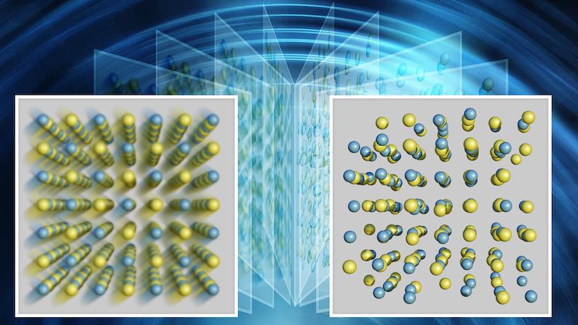 At slow shutter speeds, the atomic structure of GeTE looks ordered but blurred. Faster exposures reveal a clear intricate pattern of dynamic displacements. @ Jill Hemman/ORNL, U.S. Dept. of Energy