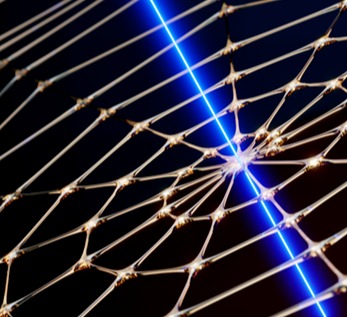 “Artist impression of an artificial spider web probed with laser light” Artist: Felix Vu @ Optics lab TU Delft