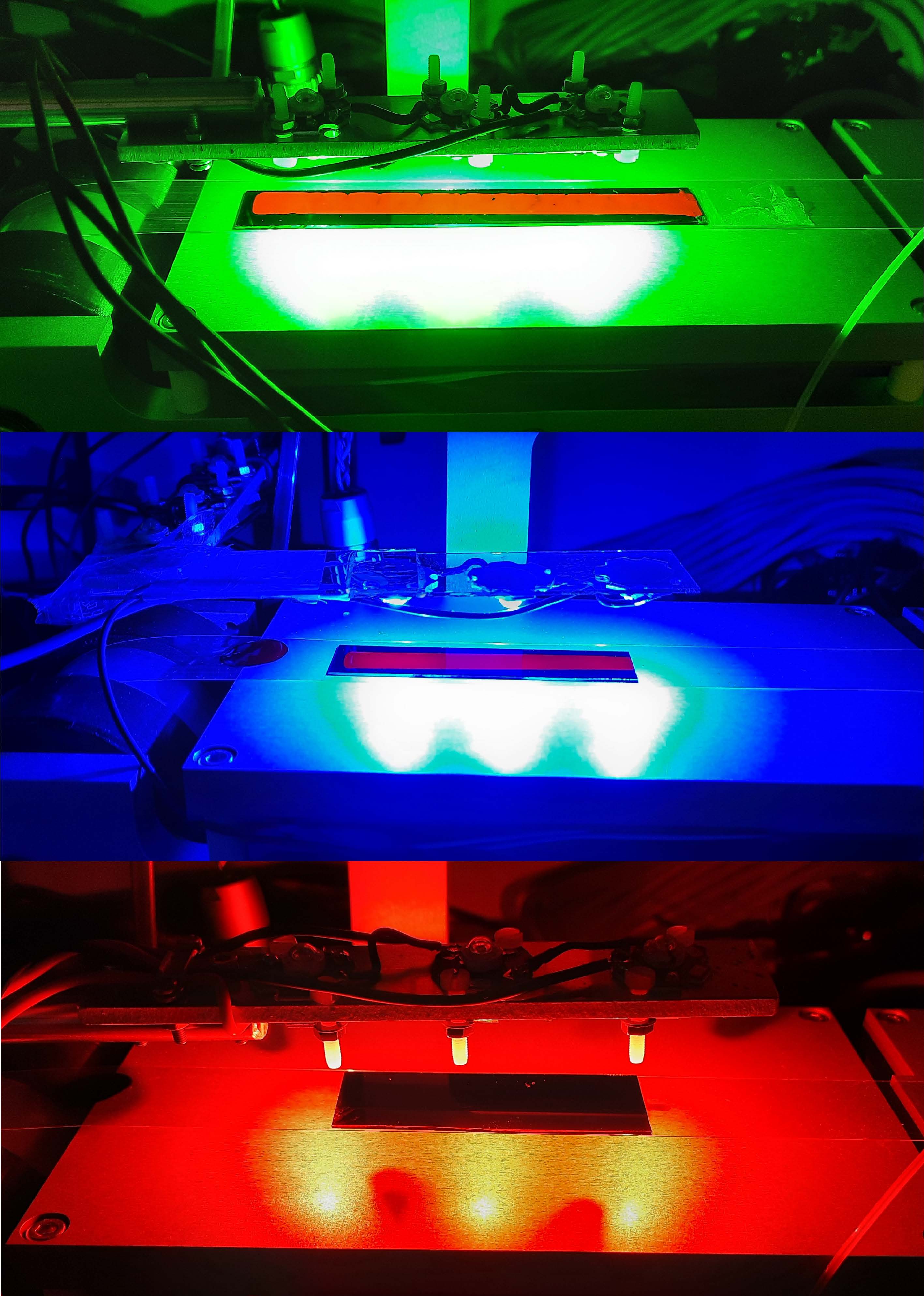 In their experiments, the research team illuminated the wet films of P3HT solution applied to silicon wafers with green (top), blue (middle) or red LED light as they dried. @ Michael Korning Sørensen