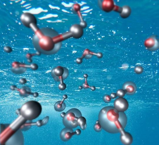 Water molecules and electron density corresponding to the exciton state resulting from photon absorption. @ Krystian Tambur (background)/Alexey Tal (water molecules)