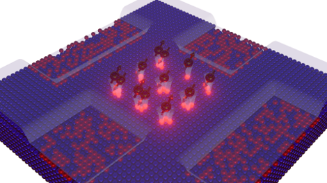 Researchers created a grid of quantum dots (center) ranging from one to three phosphorus atoms deposited onto a plane embedded in silicon and studied the properties of electrons injected into the grid. @ Wang et al./NIST