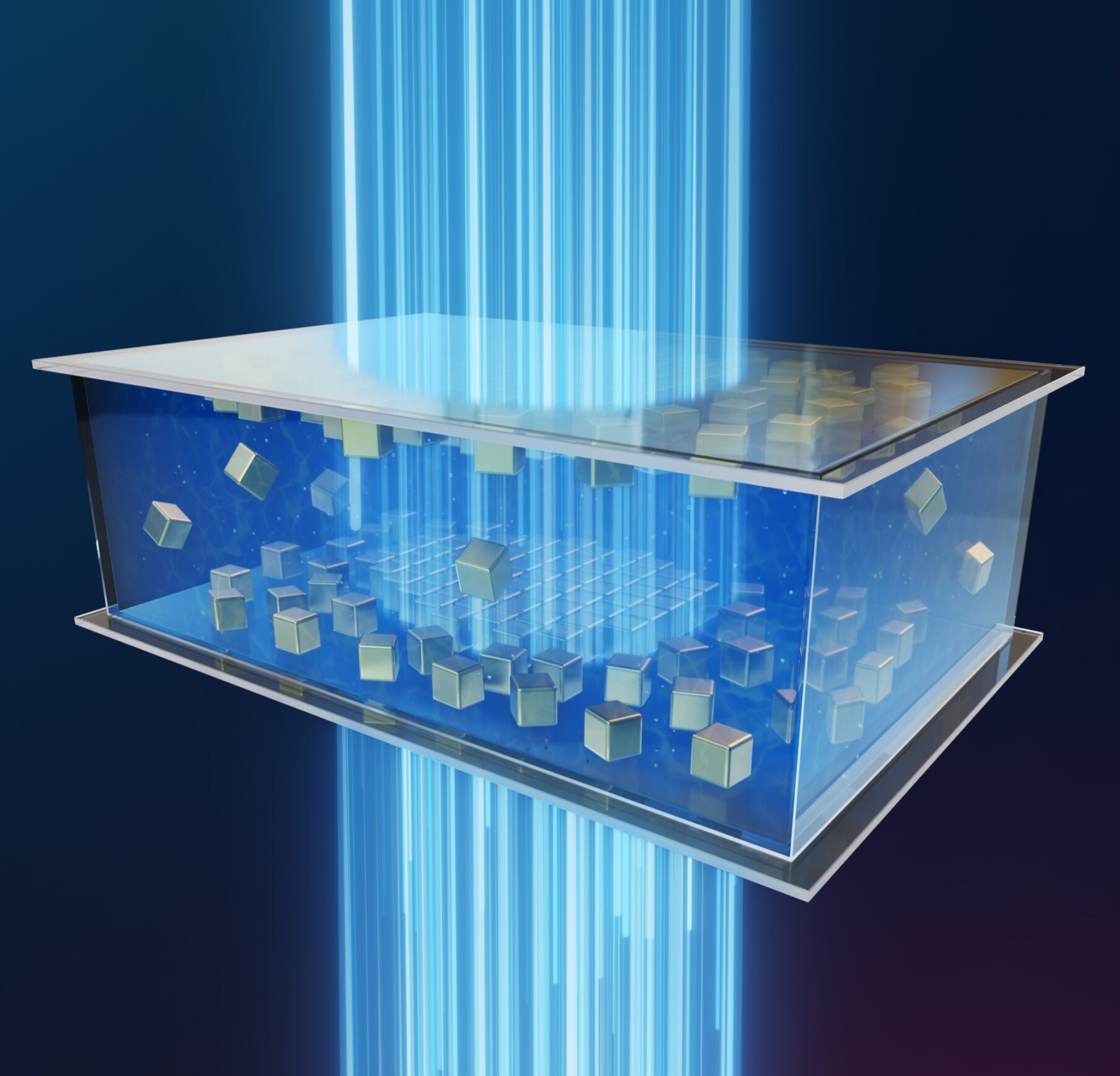 An illustration of an imaging technique that allows researchers to watch how nanoparticles respond to changes in their environment in real time. The blue lines represent the beam of an electron microscope as it impacts gold nanoblocks suspended in liquid in a small sample holder device called a liquid flow cell. @ Ella Maru Studio