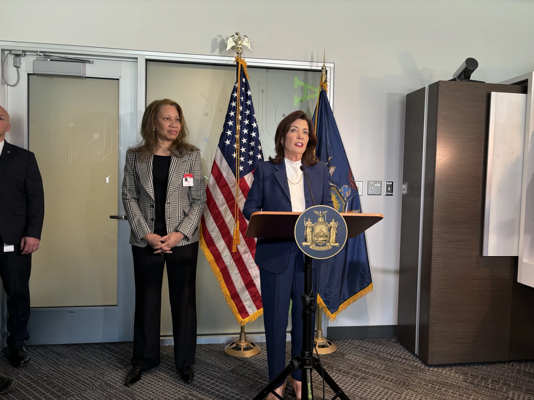 New York Governor Kathy Hochul speaking with reporters in Albany Thursday about the designation of Albany Nanotech as a NSTC. @ Samantha Simmons