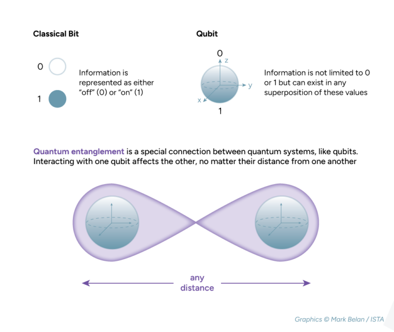 Qubits are the basic informational units of quantum computers. They come with a unique variety of properties like entanglement. Entanglement is important for quantum computers because it allows them to do computations in a way that is impossible for non-quantum computers. @ Mark Belan/ISTA