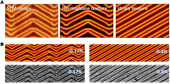 Figure 1. (A) From left to right are the experimentally observed herringbone texture, and the simulated herringbone and stripe textures on thick and thin models respectively. (B) Effect of strain on textures. The simulated textures are shown in color and the observed textures are shown in grey. @ Ulsan National Institute of Science and Technology