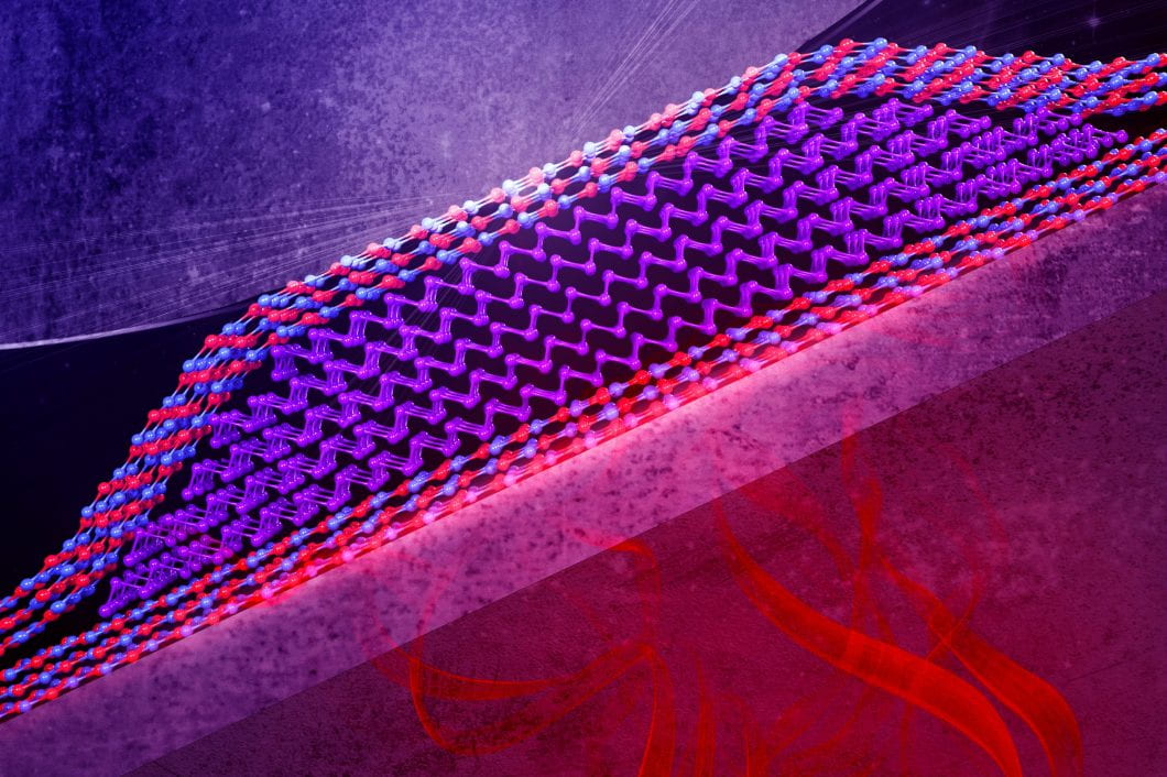 Squeezing bismuth between atomically smooth molding plates made of a material called hexagonal boron nitride results in extremely thin and flat crystals with unique quantum electronic properties. @ Eli Krantz / Krantz NanoArt